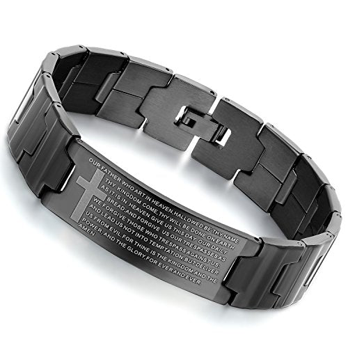 Flongo Men's Vintage Stainless Steel Black Cross English Bible Lords Prayer Link Wrist Bracelet For Men Christmas Gifts - color: black,8.5inches