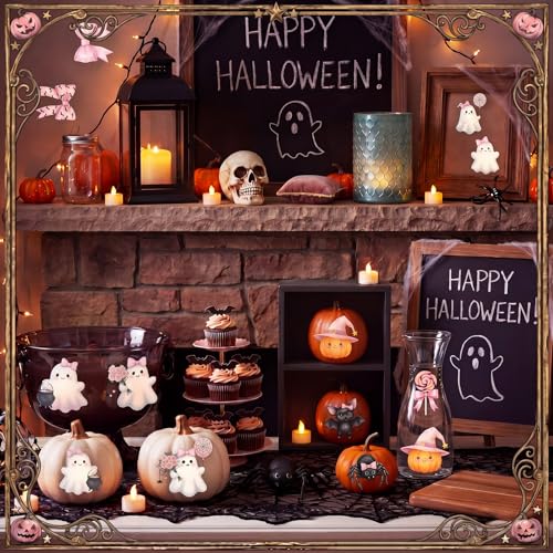 Harloon 15 Sheets Pastel Halloween Ghost Rub on Transfers for Crafts Cute Pink Summer Halloween Ghost Cat Dog Stickers Watercolor Furniture Decals for Home Party DIY Crafts - style: Cute Ghost