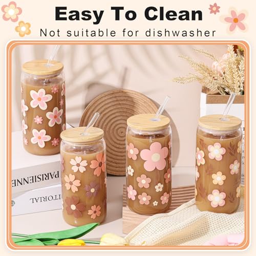 Mumufy 4 Pack Cute Boho Glass Cup, 16 oz Tumbler Mug with Bamboo Lid - style: Cute Boho