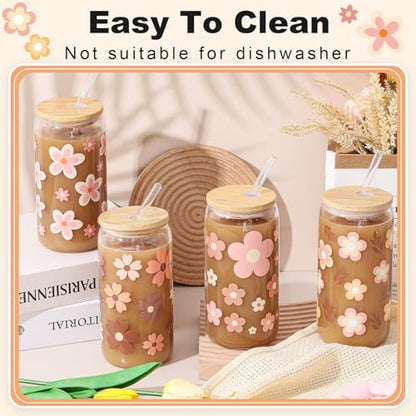Mumufy 4 Pack Cute Boho Glass Cup, 16 oz Tumbler Mug with Bamboo Lid - style: Cute Boho