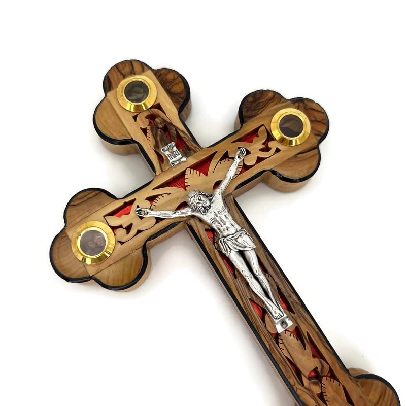 Catholic Crucifix for Wall With Mother of Pearl, Olive Wood Cross Wall Decor, 9 Inch Wooden Crucifix with Relics from the Holy Land, Wedding Crucifix, Decorative Wooden Crosses, christian cross gift
