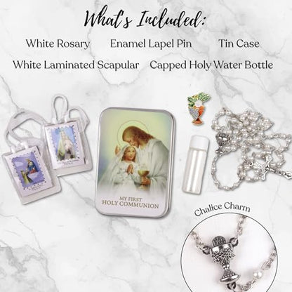 Needzo Girls First Communion White Gift Set, Includes Tin Case, Rosary, Scapular, Holy Water Bottle, and Pin, Catholic Keepsakes, 5 Items