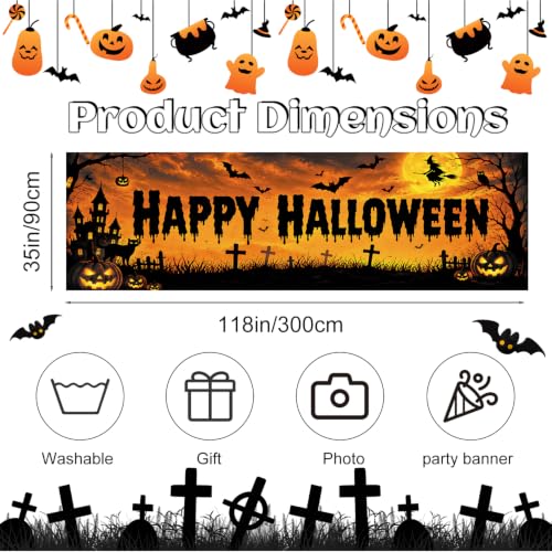 Happy Halloween Fence Banner 118 x 35 Inch, Large Outdoor Halloween Banner with Pumpkin, Bats, Witch, Black Cat, Graveyard Silhouette & Haunted House for Yard Porch Fence Decor - color: 280-1