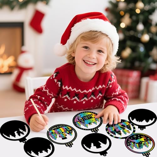 CY2SIDE 60PCS Winter Christmas Tree Ornaments Scratch Card, Xmas Hanging Scratch Paper Cards, Winter Magic Rainbow Color Paper Card for Classroom Project - style: Christmas Tree