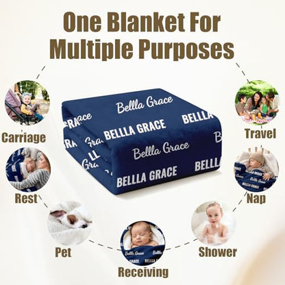Ships Next Day, Personalized Baby Blanket with Name - Custom Newborn Hospital Swaddle Blanket, Super Soft Plush Flannel Baby Gift for Birth Announcement Shower Easter Gifts for Toddler Kids - color: Navy