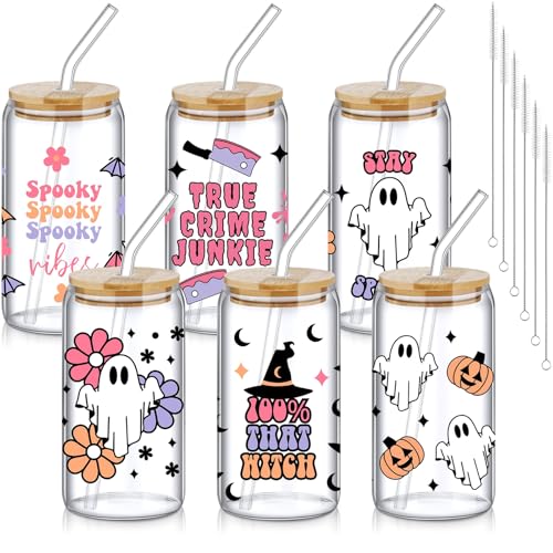 SiliFine 6 Pcs Halloween Glass Cups, 16 oz with Lids and Straws - style: Ghost