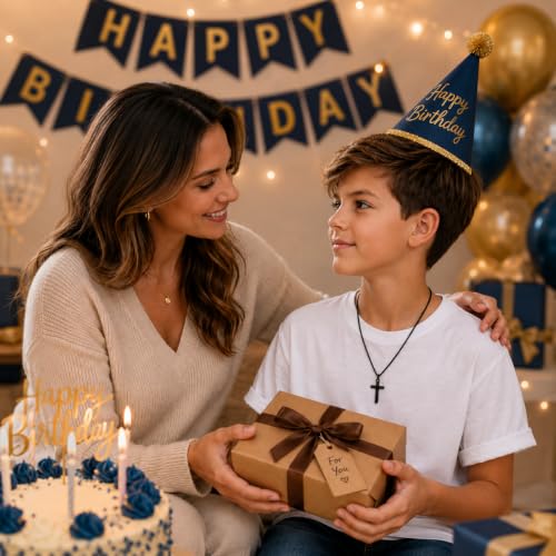 Small Cross Necklace for Boys Baptism Christmas Confirmation Valentines Easter Birthday Gifts to Teens Son Grandson Nephew - color: black, style: Happy Birthday