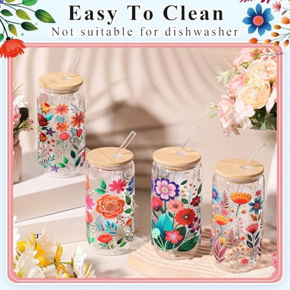Mumufy 4 Pack Mexican Flower Glass Cup, 16 oz Tumbler Mug with Bamboo Lid - style: Mexican Flower