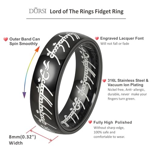Men's Spinner Fidget Ring for Anxiety Lord of The Rings Ring for Men Women Stainless Steel Gold Ring - color: Black