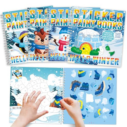4Pcs Winter Paint by Sticker Books Hello Winter Sticker by Number Books Activity Book Puzzle Book Craft Art Toddler Gift with Igloo Snowman Penguin Squirrel 32 Pictures - style: Hello Winter