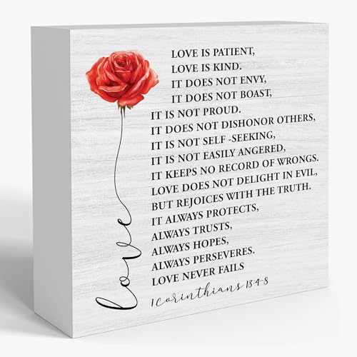 Sahjzk Love Is Patient Love Is Kind Sign – 1 Corinthians 13 Bible Verse Wooden Box Sign, Christian Art Tabletop Decoration, Inspirational Desk or Shelf Accent, Religious Wedding Gift 5x5 Inch-B05 - color: Love Is Patient Love Is Kind