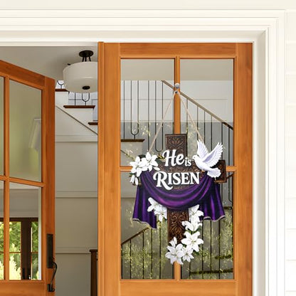 14.6 Inches Easter Door Sign He Is Risen Hanging Decor Religious Cross Sign Easter Wreaths for Front Door Christian Lily Flowers Lent Hanging Hanger for Farmhouse Front Porch