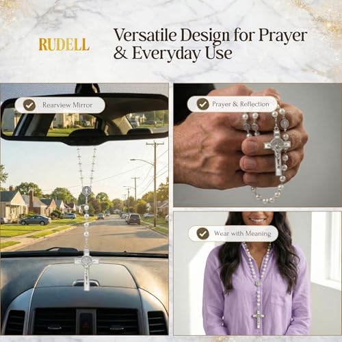 RUDELL Rosary Beads Catholic for Women - Rosary Necklace for Women with Pearl Beads - Medal Cross Saint Benedict Rosary for Men - Prayer Rosarios Catolicos Jewelry Gift - color: White