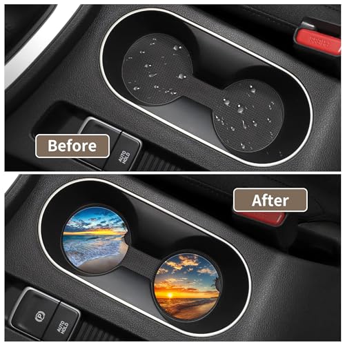 Sunrise on Tropical Beach Car Coaster for Cup Holders,Sunset Over Beach Palm Tree Car Cup Holder Coaster Ceramic Car Drink Coasters for Most Car Set of 2 Absorbent Auto Cup Holder 2.56" - color: Sunset Over Beach Palm Tree