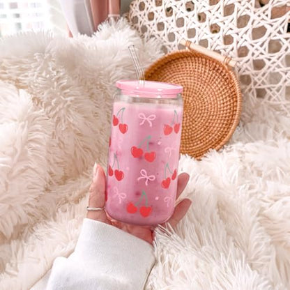 SANDJEST Cherry 16 Oz Can Glass Tumbler with Acrylic Lid and Straw - Iced Coffee Cups for Women, Aesthetic Glass Cup Gift for Birthday Christmas - color: Cherry