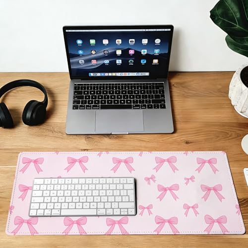 Pink Bow Mouse Pad,35.4 x 15.7 Inch Large Mouse Mat Non-Slip Rubber Stitched Edges for Writing Desk,Office,Home,Laptop - color: Pink Bow, size: 35.4L x 15.7W inches