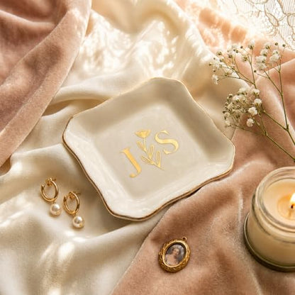 Personalized Jewelry Dish with Initials & Date, Custom Ring Dish for Engagement Rings, Bridesmaid Gifts, Bridal Shower Wedding Gift for Bride, Birthday Graduation Gift for Her Mom - color: Engagement Ring Dish