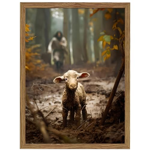 Christian Wall Art, Jesus the Good Shepherd Canvas Painting, Lost Sheep Biblical Scene, 3D Textured Sandstone Style Wood Framed Artwork for Prayer Room Bedroom 24x16 Ready to Hang - color: Jesus Running After Lost Lamb, size: 24"L x 16"W