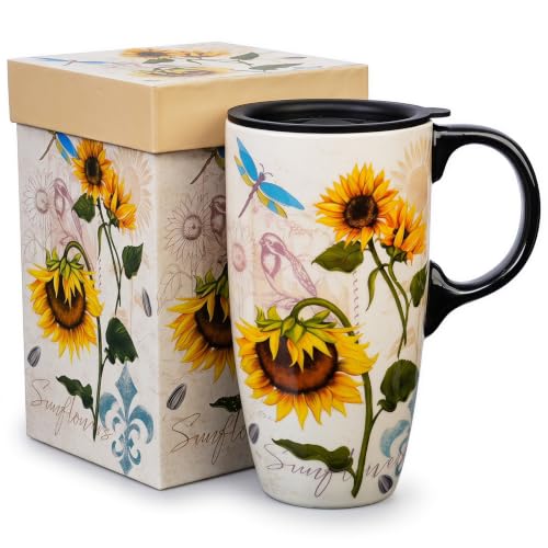 Topadorn 17oz Ceramic Travel Mug with Lid, Sunflower Coffee Mug - color: Sunflower and Dragonfly