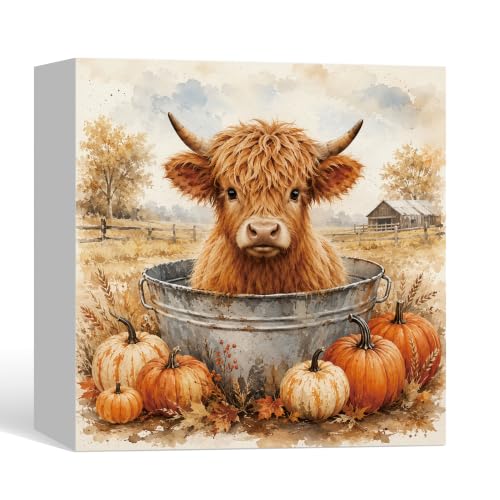 Rustic Fall Highland Cow Decor Wooden Box Sign - color: Fall-18