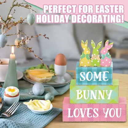 4 Pcs Easter Bunny Table Sign Wooden Table Decor Farmhouse Holiday Sign Easter Tabletop Centerpieces Spring Wood Blocks Tiered Tray Decor for Home Kitchen(Dot Bunny) - style: Dot Bunny