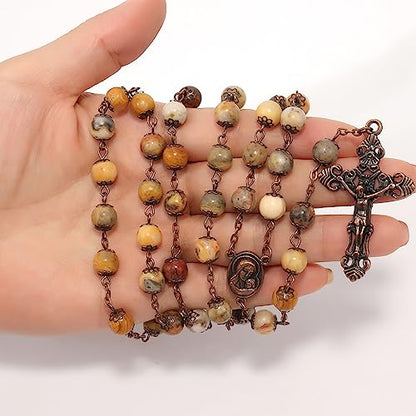 Nazareth Store Natural Stone Beads 8mm Rosary Necklace Antique Copper Design Holy Soil Medal & Cross in Velvet Bag - Catholic Rosaries Terra Santa Jerusalem Collection - color: Yellow Jasper