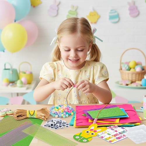BeYumi Bunny Necklace Craft Kit - 24Pcs Bunny Peeps Felt Necklace Making Kits with Beads and Gem Sticker DIY Cute Rabbit Craft for Kids Sunday School Home Classroom Gift Party Favor Fun Activities - style: Bunny