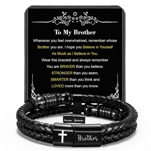 Christian Gifts for Mens Jewelry Black Double Layer Leather Cross Bible Verse Bracelets for Men, Teen Boys Religious Baptism Confirmation Gifts for Son Grandson Brother Teenages Gift Ideas - color: Brother(8.27 Inch)