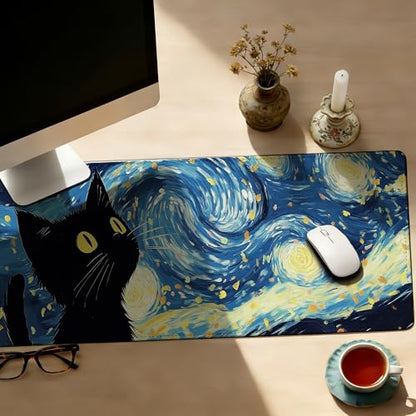 Blue Starry Night Black Cat Mouse Pad,35.4 x 15.7 Inch Large Mouse Mat Non-Slip Rubber Stitched Edges for Writing Desk,Office,Home,Laptop - color: Blue Starry Night Black Cat, size: 35.4L x 15.7W inches