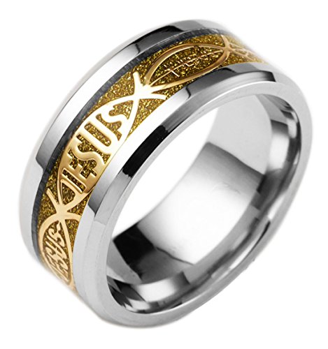 Tanyoyo 8mm Stainless Steel Jesus Rings Wedding Bands Gold Promise Size 6-13