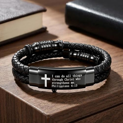 Mens Bracelet Christian Braided Leather - color: A+black