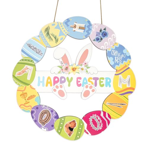 Religious Easter Door Wreath with 12 Faith Symbols Eggs, Easter Wreaths For Front Door, Christian Bunny Sign, Wooden Spring Hanging Decor for Front Porch, Entryway Wall, Holiday Home Decoration