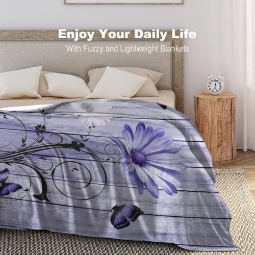 Daisy Throw Blanket, Rustic Purple Daisy Butterfly Flannel Blanket 30"×40" - color: Daisy 03, size: 30x40 inch