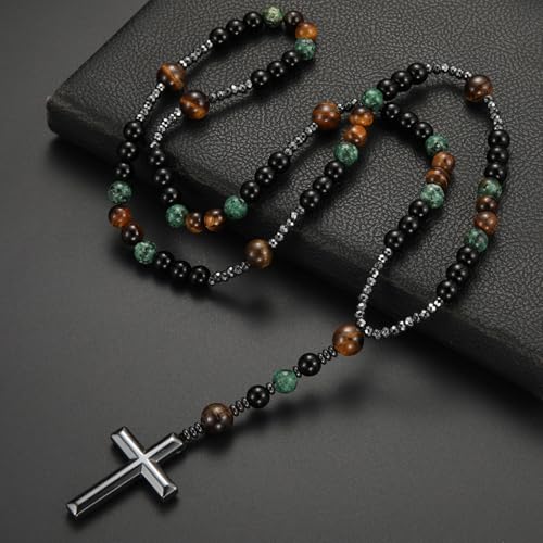 Roe Dolph Wooden Rosary Necklace for Women Catholic Rosary Beads with Cross Pendant Prayer Jewelry Religious Gifts for Travel and Daily Faith - color: D3-Black