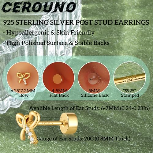 CEROUNO Flat Back Stud Earrings - 925 Sterling Silver Post Flatback Earrings Gold Silver Cubic Zirconia Earrings Studs for Women - color: Gold Bow