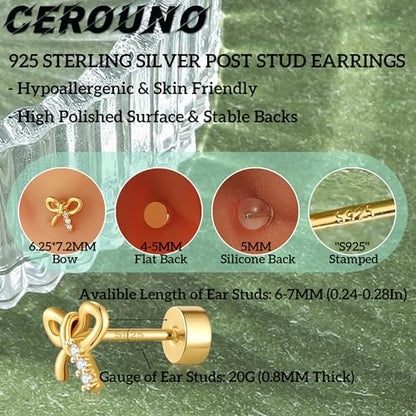 CEROUNO Flat Back Stud Earrings - 925 Sterling Silver Post Flatback Earrings Gold Silver Cubic Zirconia Earrings Studs for Women - color: Gold Bow