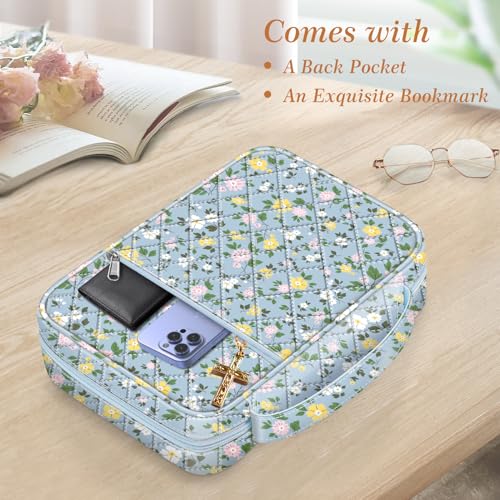 FINPAC Bible Cover, Carrying Book Case Bible Bag with Handle - color: Floral Dusty Blue