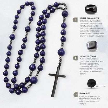 Nazareth Store Jasper Rosary Necklace – Catholic Handmade Rosary with Stone Beads, Hematite Spacers, and Black Alloy Cross – Durable Prayer Beads for Men and Women - color: Lapis Lazuli