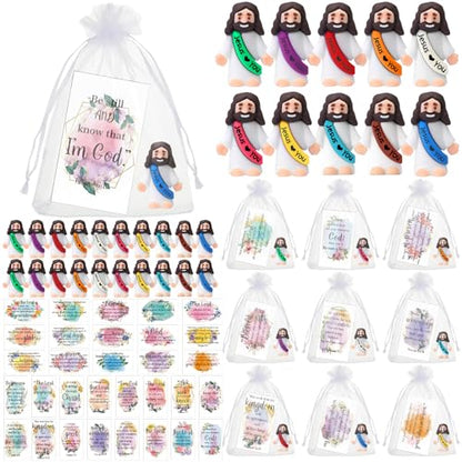 Bememo 50 Sets Christian Gifts Bulk Bible Verse Cards Include Little Jesus Figures Prayer Cards and Organza Bags for Religious Party Favors Sunday Baptism Gifts(Fresh Style,Bright) - color: Bright, style: Fresh Style
