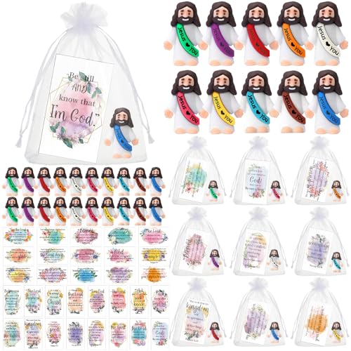Bememo 50 Sets Christian Gifts Bulk Bible Verse Cards Include Little Jesus Figures Prayer Cards and Organza Bags for Religious Party Favors Sunday Baptism Gifts(Fresh Style,Bright) - color: Bright, style: Fresh Style