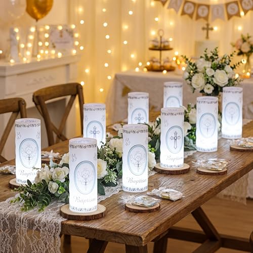 20 Pcs 10 Sets Baptism Centerpieces for Table Baptism Lantern Tea Light Holders with LED Candles Angel Cross Table Lantern for Easter First Communion God Bless Baby Shower Party Decor