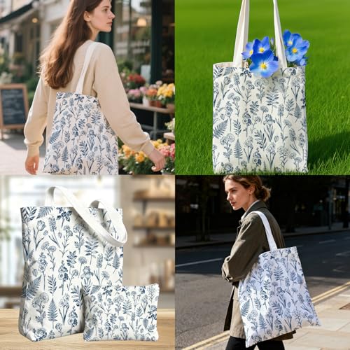 2 Pack Canvas Tote Bag with Makeup Zipper Pouch Colorful Polyester Printed Reusable Shopping Bags for Women - style: Blue Flower