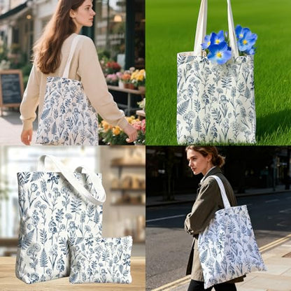 2 Pack Canvas Tote Bag with Makeup Zipper Pouch Colorful Polyester Printed Reusable Shopping Bags for Women - style: Blue Flower
