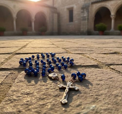 Nazareth Store Deep Blue Crystal Beads Rosary Necklace Catholic Prayer Jerusalem Holy Soil Medal Cross Antique Religious Rosaries Beads Collection