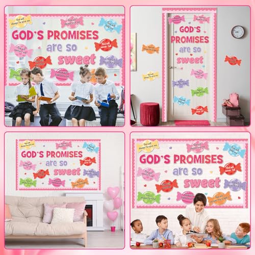 Valentine's Day Sweet Candy Bulletin Board Set Christian Classroom Decorations Valentines Religious God’s Promises Candy Paper Cutouts for Sunday School Church Office Home Chalkboard Wall Door Decor - style: God’s promises are so sweet