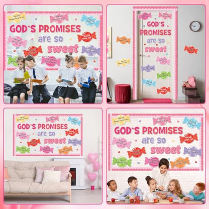 Valentine's Day Sweet Candy Bulletin Board Set Christian Classroom Decorations Valentines Religious God’s Promises Candy Paper Cutouts for Sunday School Church Office Home Chalkboard Wall Door Decor - style: God’s promises are so sweet