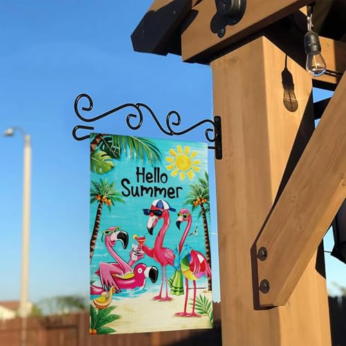 Hello Sunshine Flamingo Garden Flag Double Sided Burlap 12x18in - color: Blue Sunshine