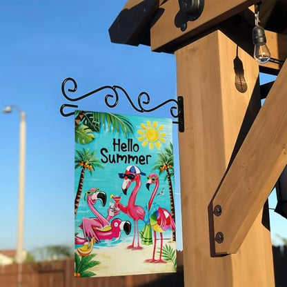 Hello Sunshine Flamingo Garden Flag Double Sided Burlap 12x18in - color: Blue Sunshine