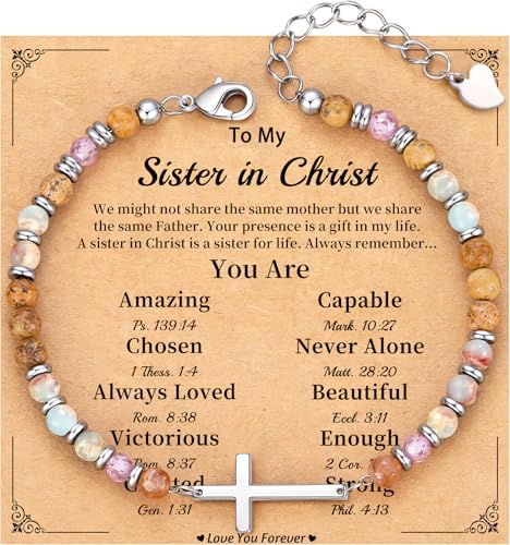 Cross Bracelet for Women, Christian Gifts for Women 2026 Stocking Stuffers for Teens Her Bead Bracelet Adjustable Gemstone Faith Religious Confirmation Communion Bracelet for Best Friend Mom Faith Birthday Anniversary Jewelry - color: Colorful- Sister