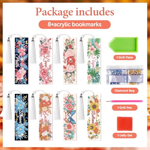8 Pieces Christian Bible Verse Diamond Art Bookmarks 5d Christian Beaded Bookmark Acrylic Tassel Bookmark for DIY Making Beginners Adults Arts Craft Supplies (Floral-2) - color: Floral-2